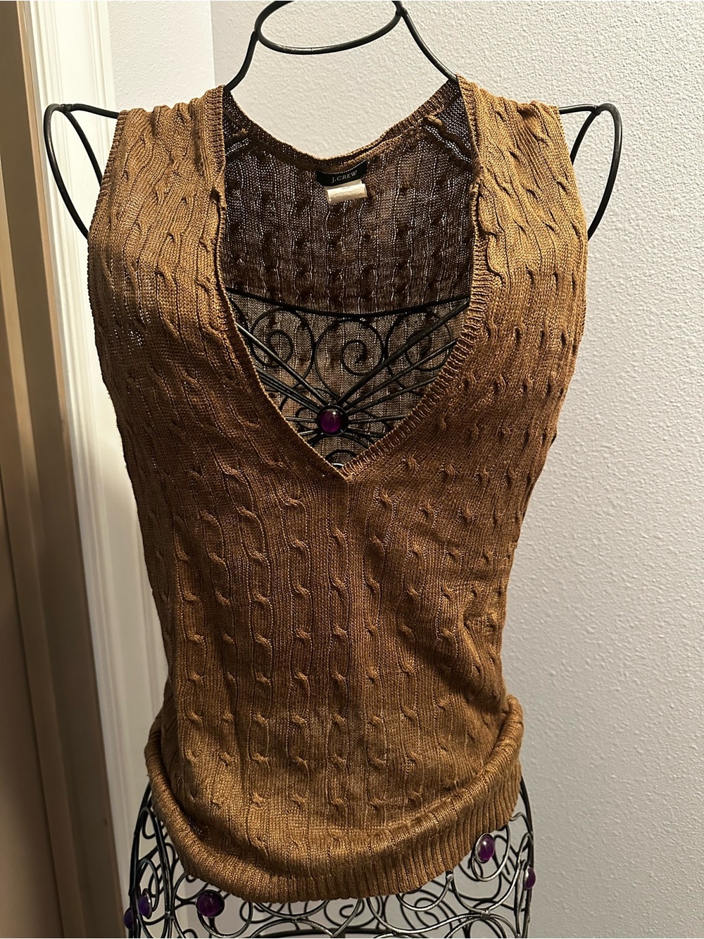J. Crew 100% linen Cable Knit V-Neck Tank in Camel Brown